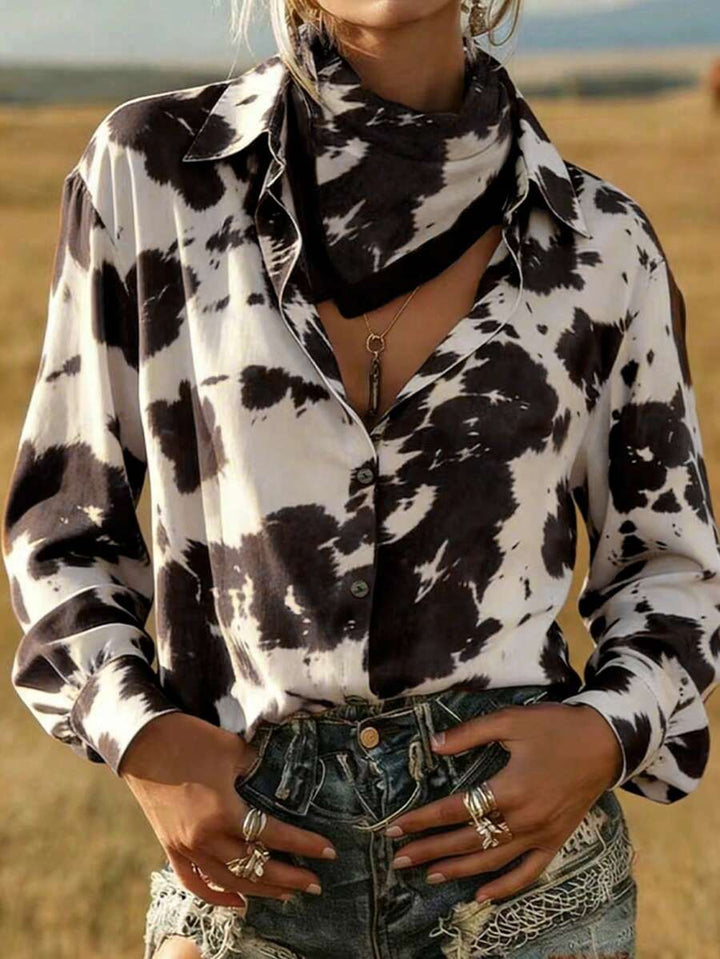 Olivia | Western Cow Print Button-Up Blouse