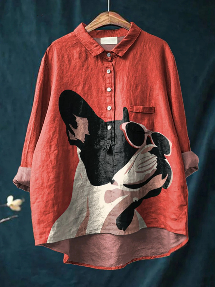 Samantha | Decorative Pattern of French Bulldog Wearing Sunglasses On Red Background Casual  Shirt