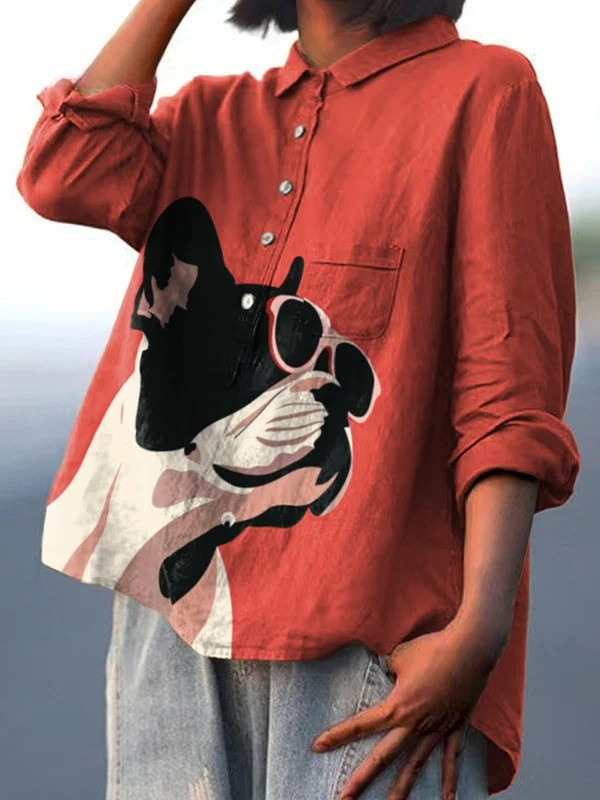 Samantha | Decorative Pattern of French Bulldog Wearing Sunglasses On Red Background Casual  Shirt