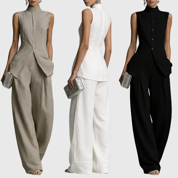 Zetian | Elegant two-piece women's outfit with a sleeveless peplum top, stand-up collar and wide-legged trousers