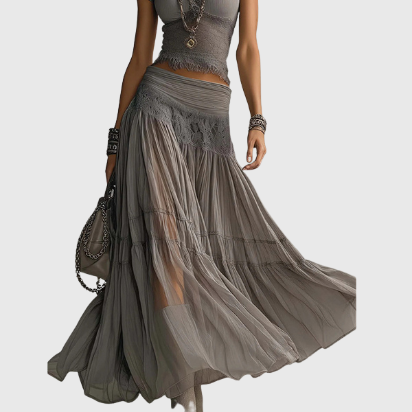 Olivia | Boho two-piece set for women: crop top with lace trim & tiered maxi pleated skirt