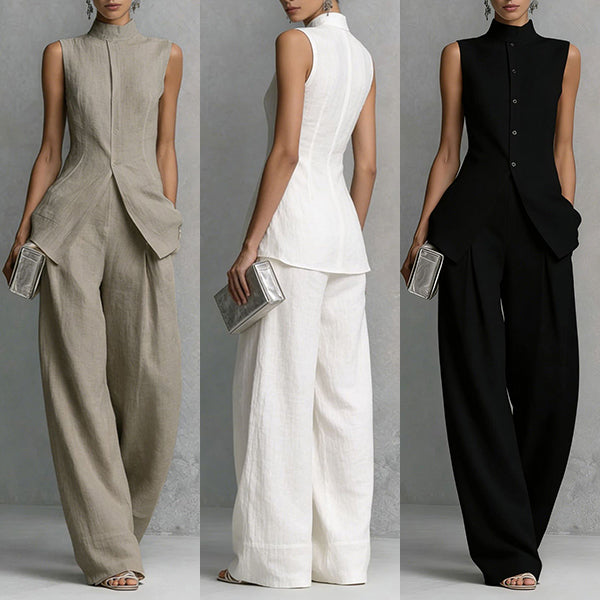 Zetian | Elegant two-piece women's outfit with a sleeveless peplum top, stand-up collar and wide-legged trousers