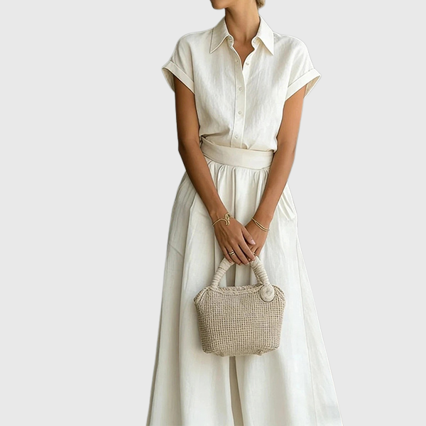 Octavia | Two-piece women's set: Short-sleeved button-down shirt and high-waisted wide-leg trousers