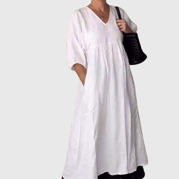Zandrea | Loose Fit V Neck Midi Dress Lightweight Comfortable