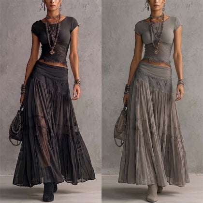 Olivia | Boho two-piece set for women: crop top with lace trim & tiered maxi pleated skirt