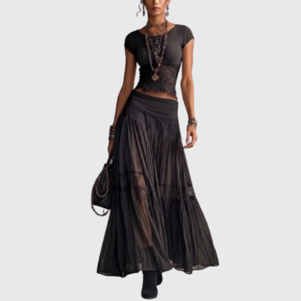 Olivia | Boho two-piece set for women: crop top with lace trim & tiered maxi pleated skirt