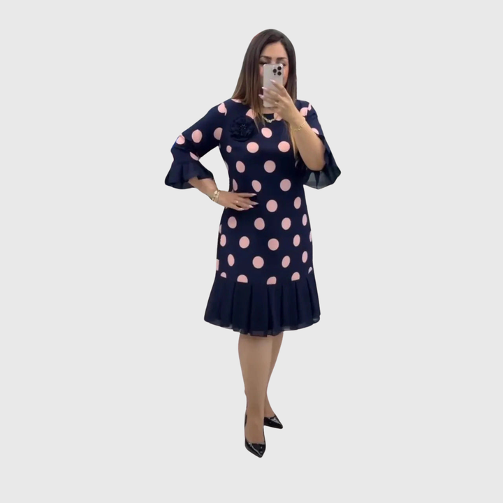 Odette | Soft Polka Dot Dress Flared Ruffle Hem Navy Pink