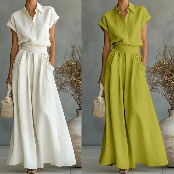 Octavia | Two-piece women's set: Short-sleeved button-down shirt and high-waisted wide-leg trousers