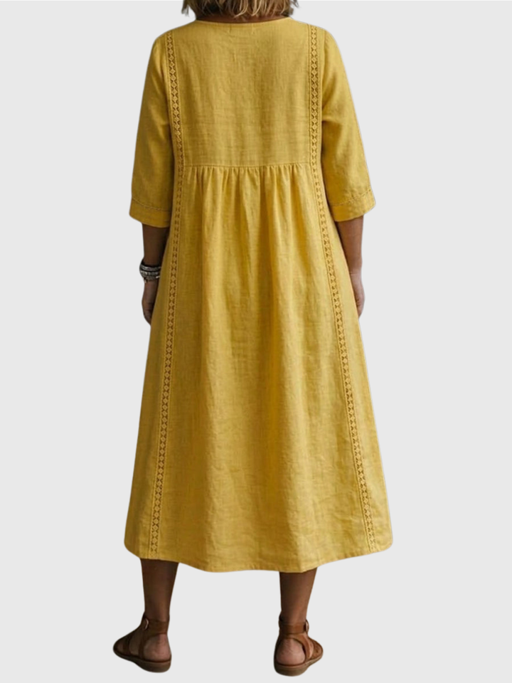 Sheena | Casual Loose-fitting Patchwork Lace Trim Linen And Cotton Dress