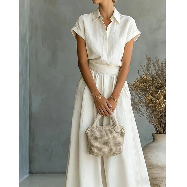 Octavia | Two-piece women's set: Short-sleeved button-down shirt and high-waisted wide-leg trousers