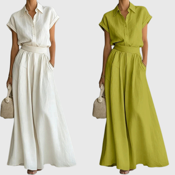 Octavia | Two-piece women's set: Short-sleeved button-down shirt and high-waisted wide-leg trousers