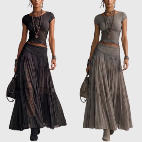 Olivia | Boho two-piece set for women: crop top with lace trim & tiered maxi pleated skirt