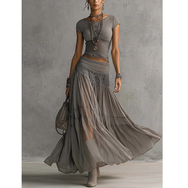 Olivia | Boho two-piece set for women: crop top with lace trim & tiered maxi pleated skirt