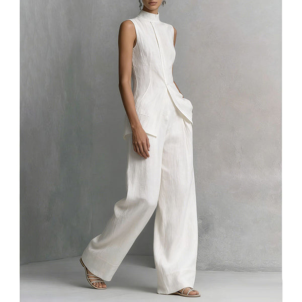 Zetian | Elegant two-piece women's outfit with a sleeveless peplum top, stand-up collar and wide-legged trousers