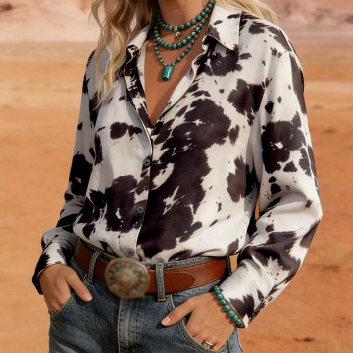 Olivia | Western Cow Print Button-Up Blouse