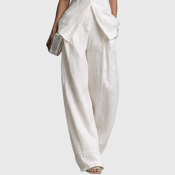 Zetian | Elegant two-piece women's outfit with a sleeveless peplum top, stand-up collar and wide-legged trousers