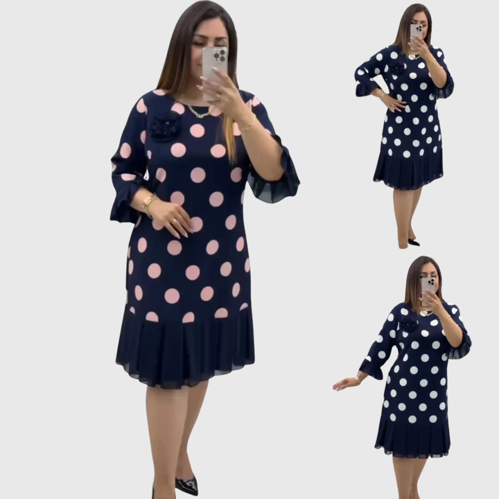 Odette | Soft Polka Dot Dress Flared Ruffle Hem Navy Pink