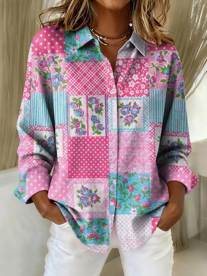 Abigail | Women's Vintage Pink Floral Patchwork Print Casual Lapel Shirt