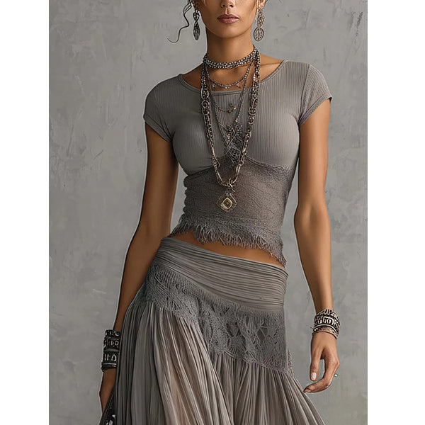Olivia | Boho two-piece set for women: crop top with lace trim & tiered maxi pleated skirt