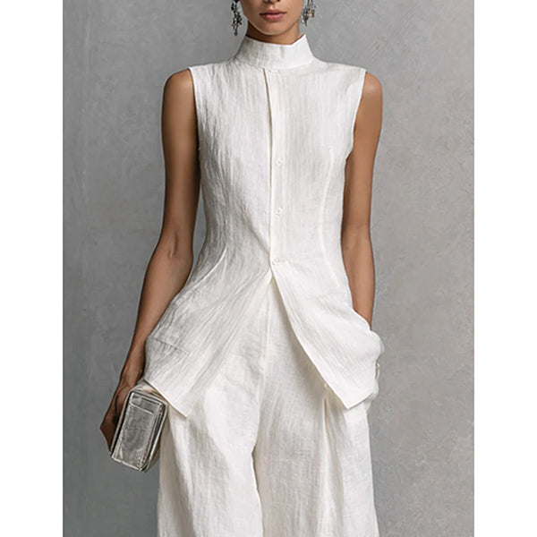 Zetian | Elegant two-piece women's outfit with a sleeveless peplum top, stand-up collar and wide-legged trousers