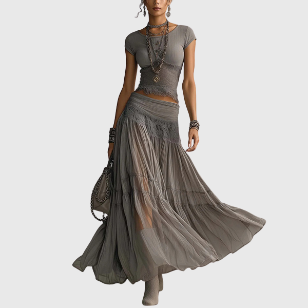Olivia | Boho two-piece set for women: crop top with lace trim & tiered maxi pleated skirt