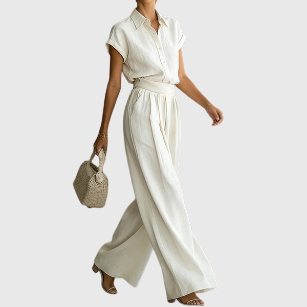 Octavia | Two-piece women's set: Short-sleeved button-down shirt and high-waisted wide-leg trousers