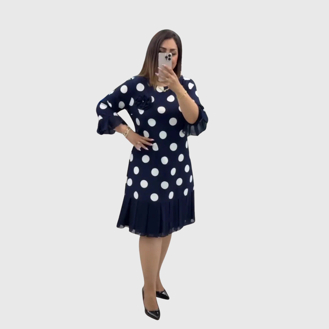 Odette | Soft Polka Dot Dress Flared Ruffle Hem Navy Pink