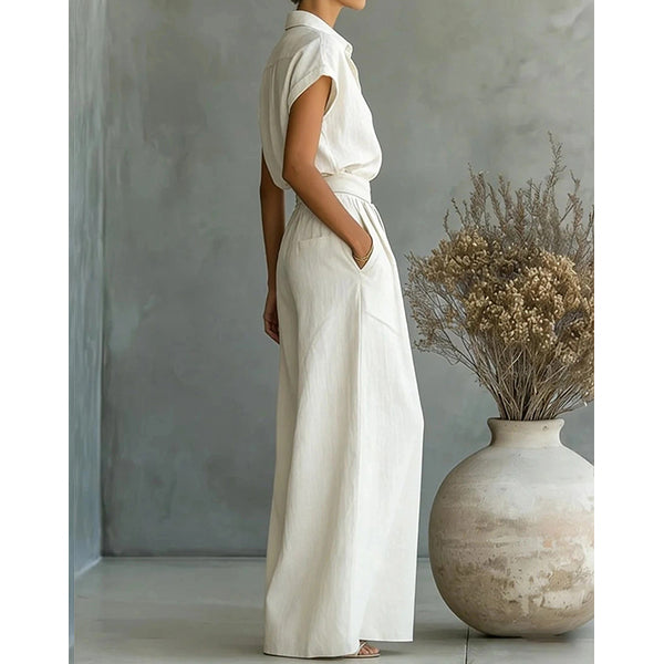 Octavia | Two-piece women's set: Short-sleeved button-down shirt and high-waisted wide-leg trousers