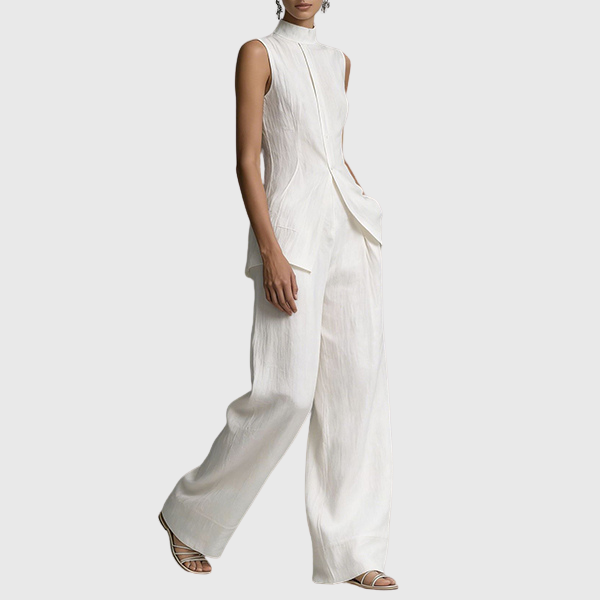 Zetian | Elegant two-piece women's outfit with a sleeveless peplum top, stand-up collar and wide-legged trousers