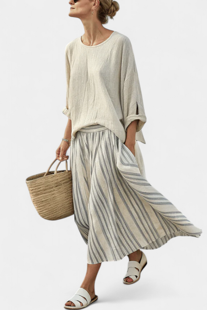 Simone | Comfortable Loose Blouse & Striped Midi Skirt