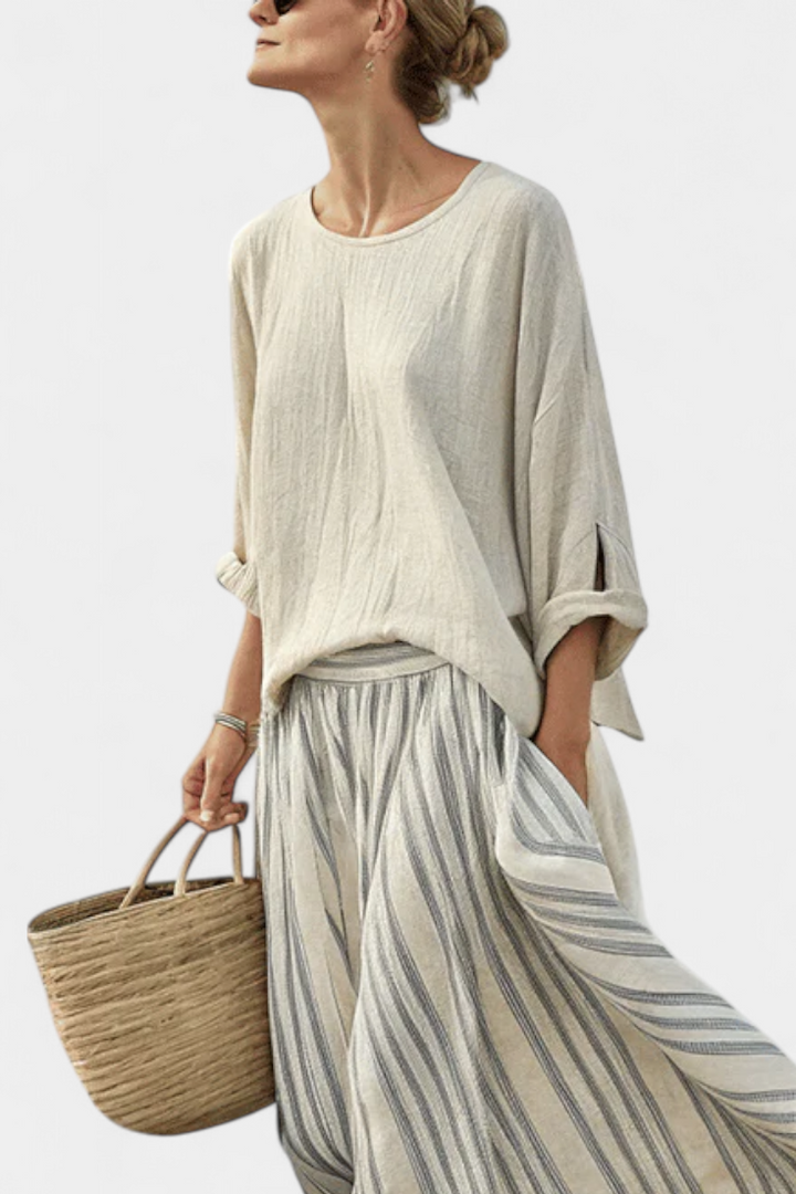 Simone | Comfortable Loose Blouse & Striped Midi Skirt