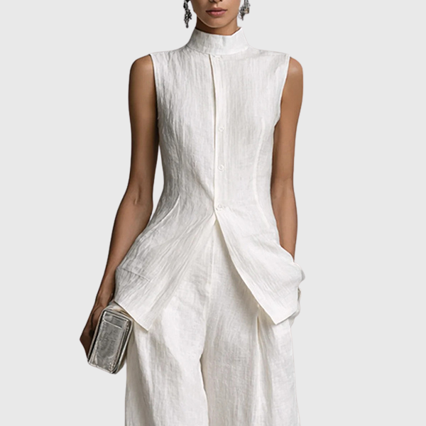 Zetian | Elegant two-piece women's outfit with a sleeveless peplum top, stand-up collar and wide-legged trousers