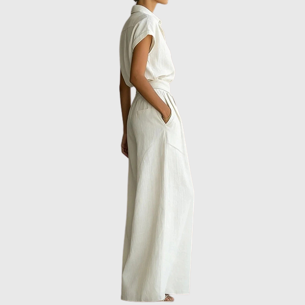 Octavia | Two-piece women's set: Short-sleeved button-down shirt and high-waisted wide-leg trousers