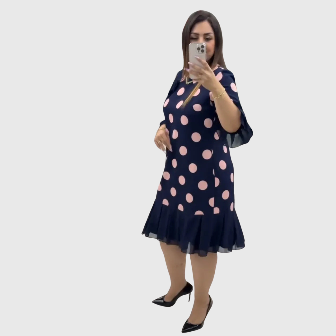 Odette | Soft Polka Dot Dress Flared Ruffle Hem Navy Pink