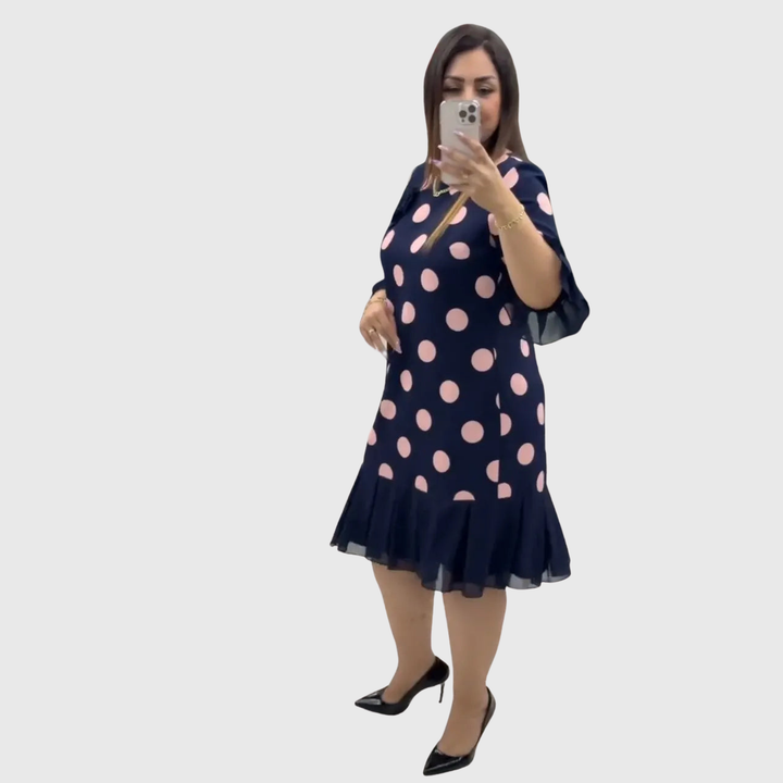 Odette | Soft Polka Dot Dress Flared Ruffle Hem Navy Pink