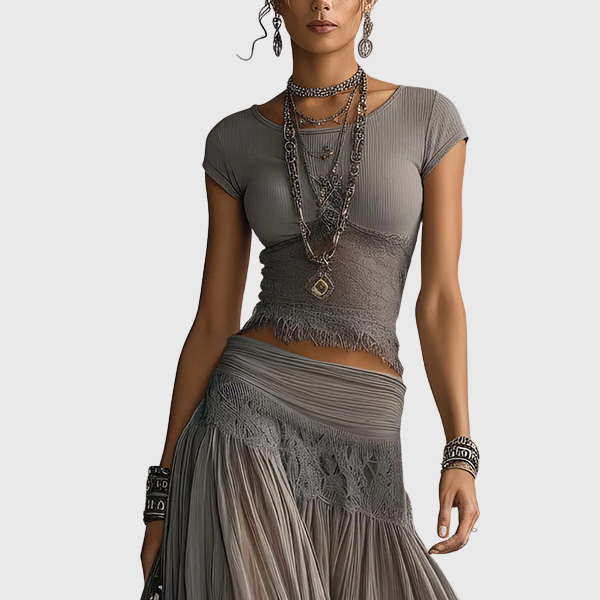 Olivia | Boho two-piece set for women: crop top with lace trim & tiered maxi pleated skirt