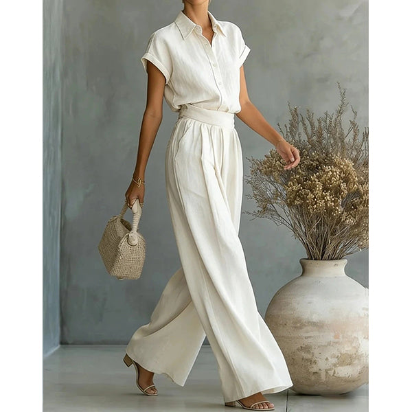 Octavia | Two-piece women's set: Short-sleeved button-down shirt and high-waisted wide-leg trousers