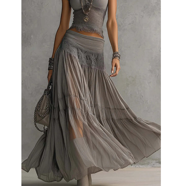 Olivia | Boho two-piece set for women: crop top with lace trim & tiered maxi pleated skirt