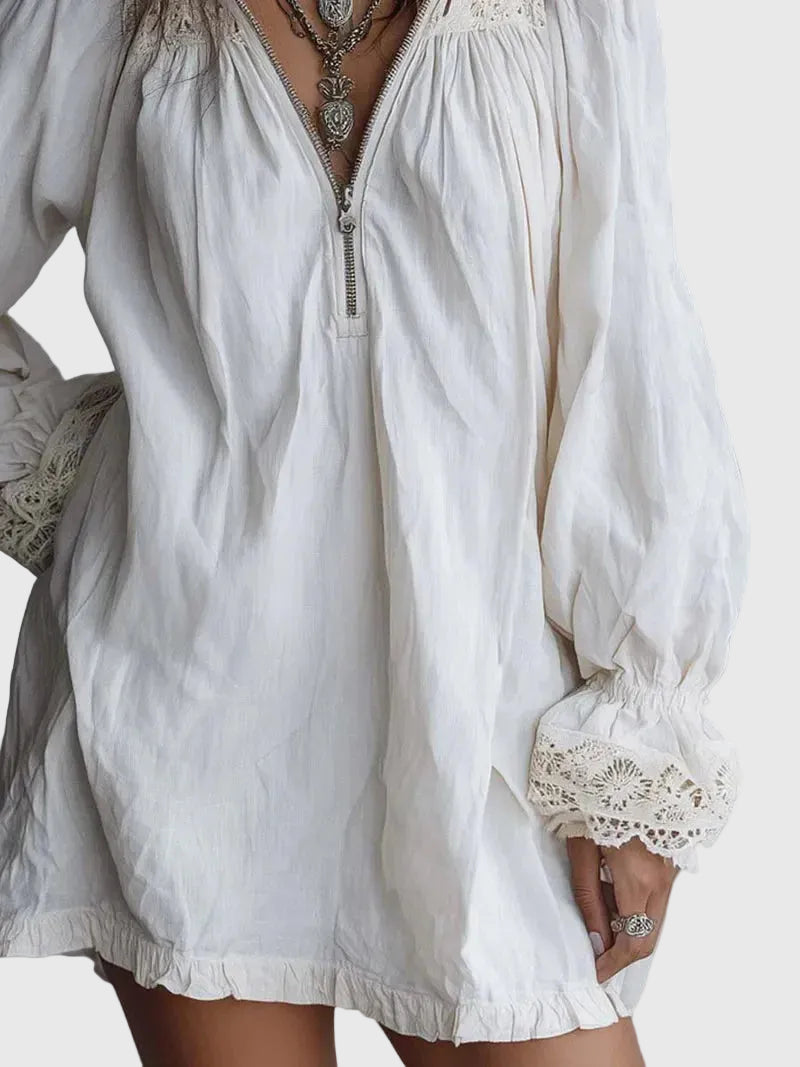 Carissa | Vintage-style Zip-up Collar Lace-trimmed White Mini Dress