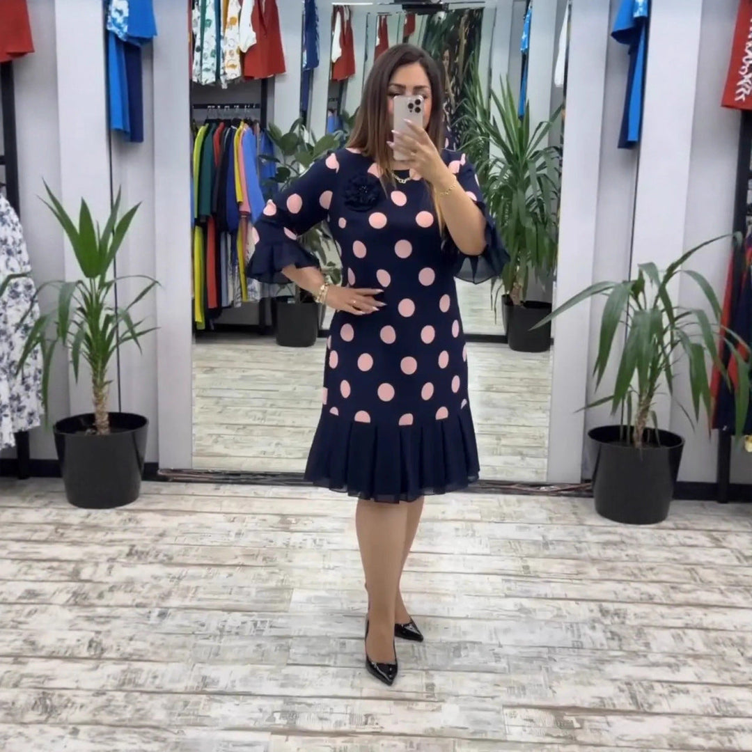 Odette | Soft Polka Dot Dress Flared Ruffle Hem Navy Pink
