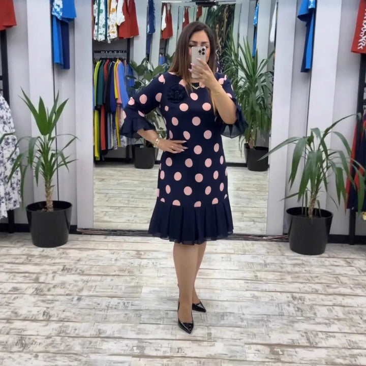 Odette | Soft Polka Dot Dress Flared Ruffle Hem Navy Pink