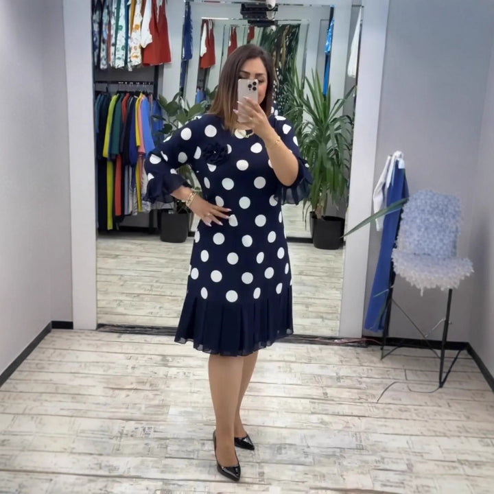 Odette | Soft Polka Dot Dress Flared Ruffle Hem Navy Pink