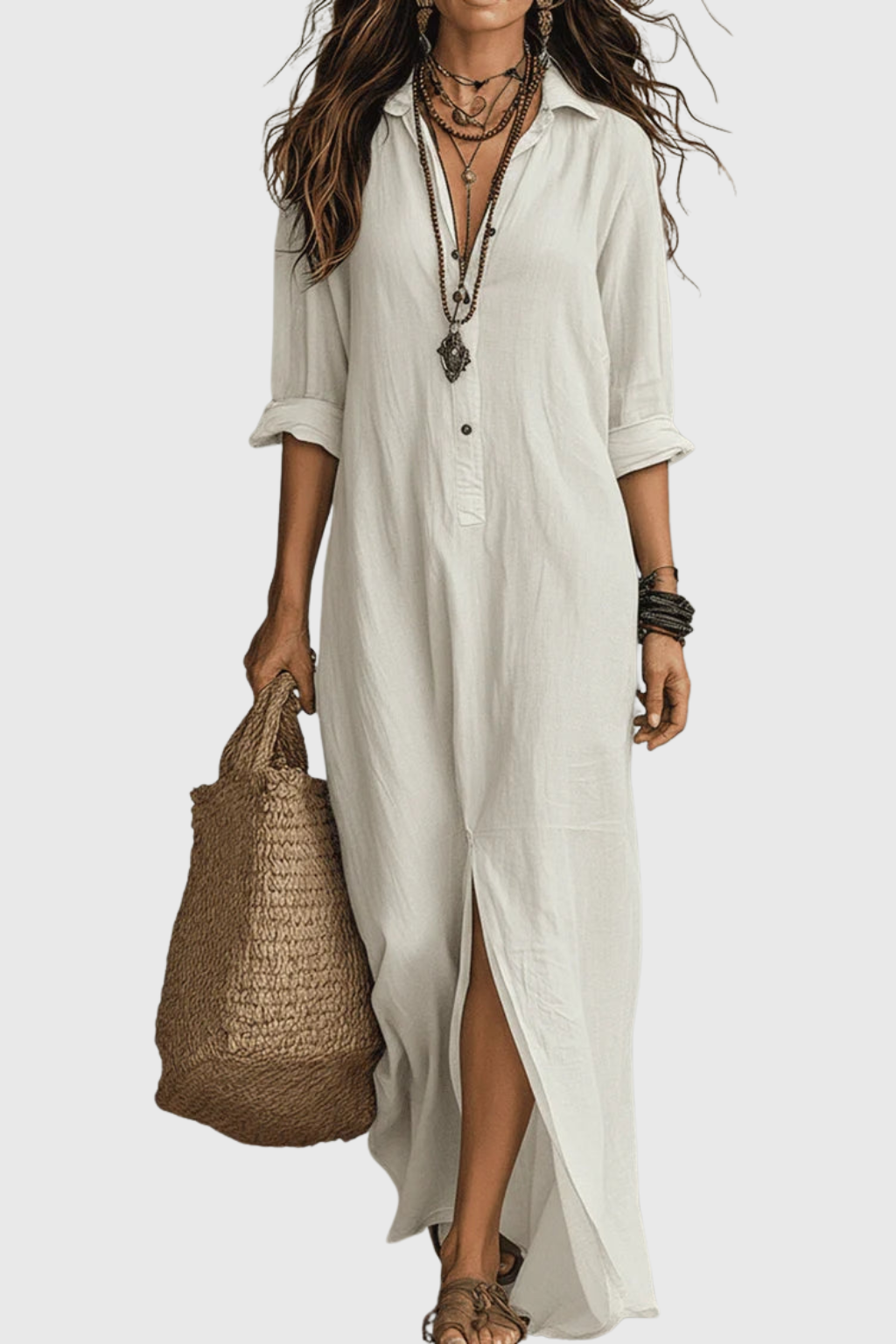 Delores | Relaxed V-Neck Button Maxi Dress