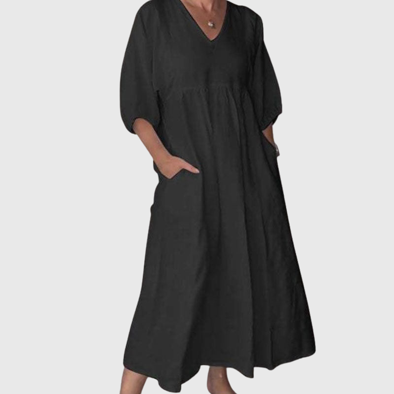 Zandrea | Loose Fit V Neck Midi Dress Lightweight Comfortable