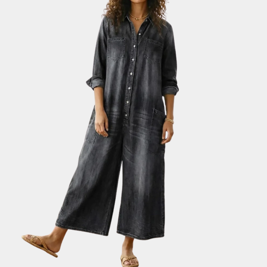 Lorelie | Vintage Washed Soft Cotton Denim Jumpsuit with Button Closure