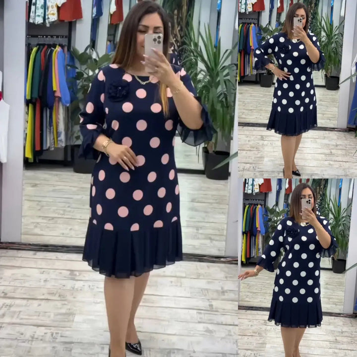 Odette | Soft Polka Dot Dress Flared Ruffle Hem Navy Pink