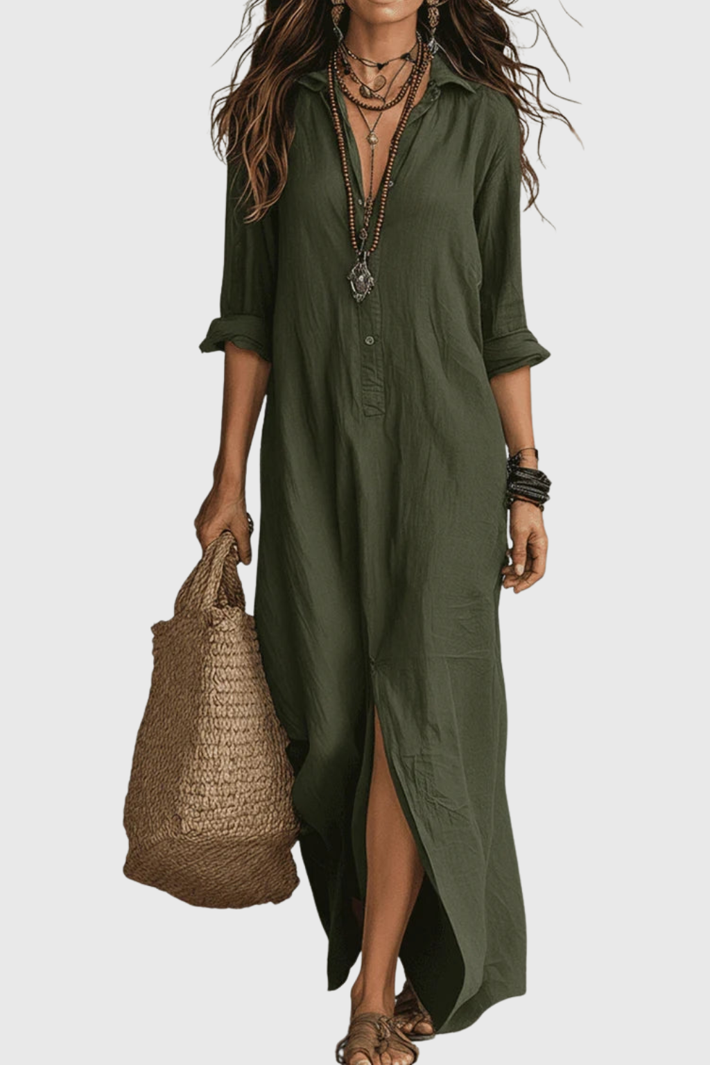 Delores | Relaxed V-Neck Button Maxi Dress