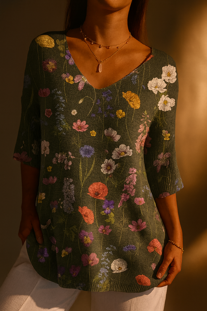 Natalie | Vibrant Spring Botanical Garden Pattern Printed Women's Casual Pullover Knit