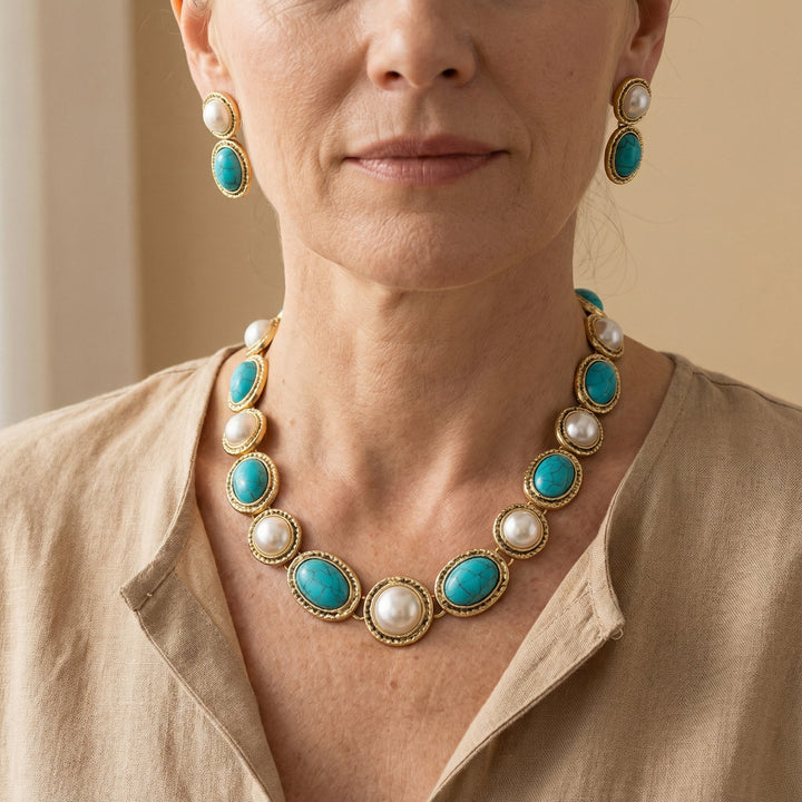 Turquoise & Pearl Antique Gold Statement Set