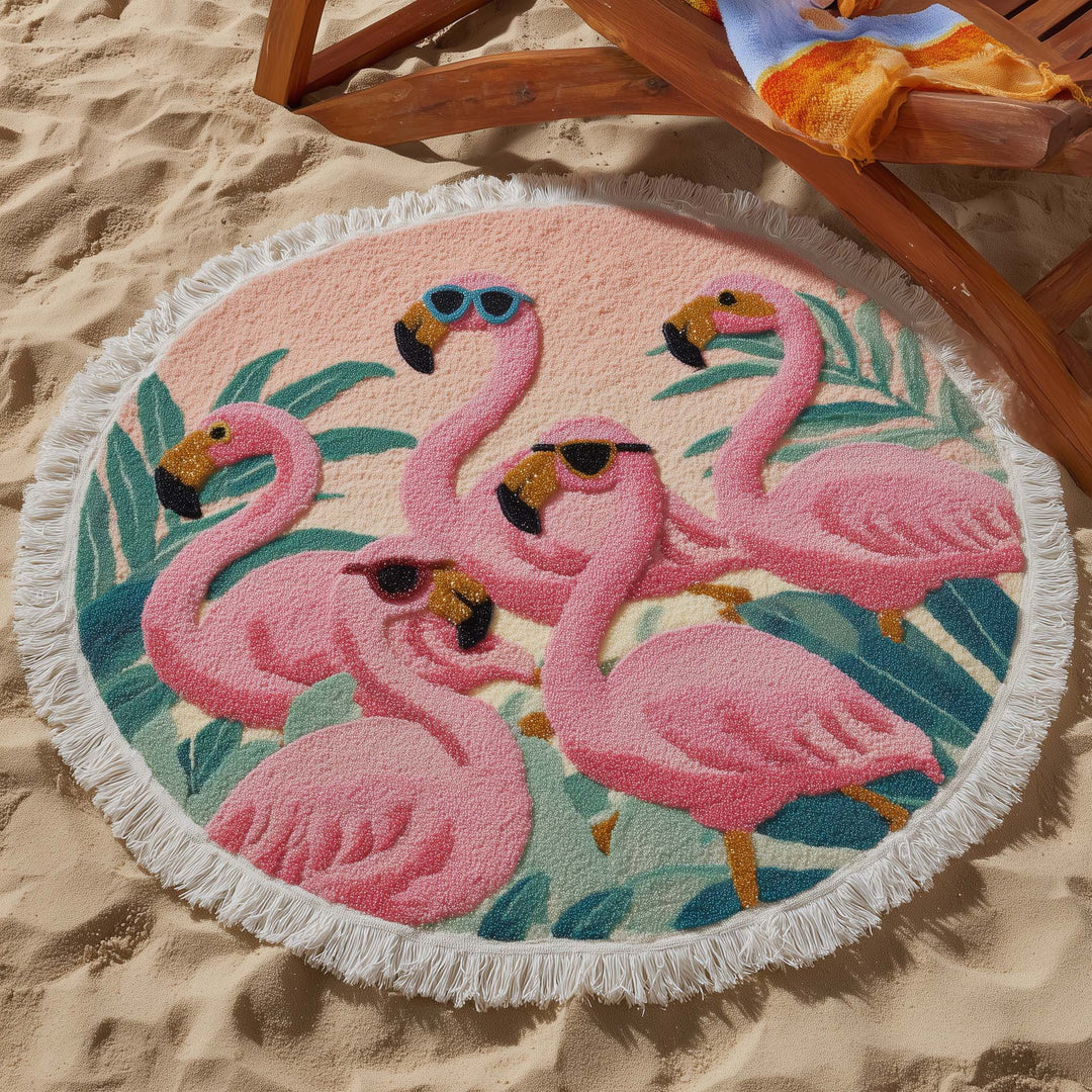 Cool Flamingo Squad Round Beach Towel